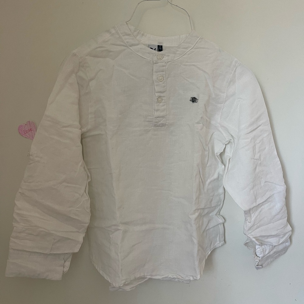 3P Boys White Long Sleeve Linen Shirt, Size 7-8